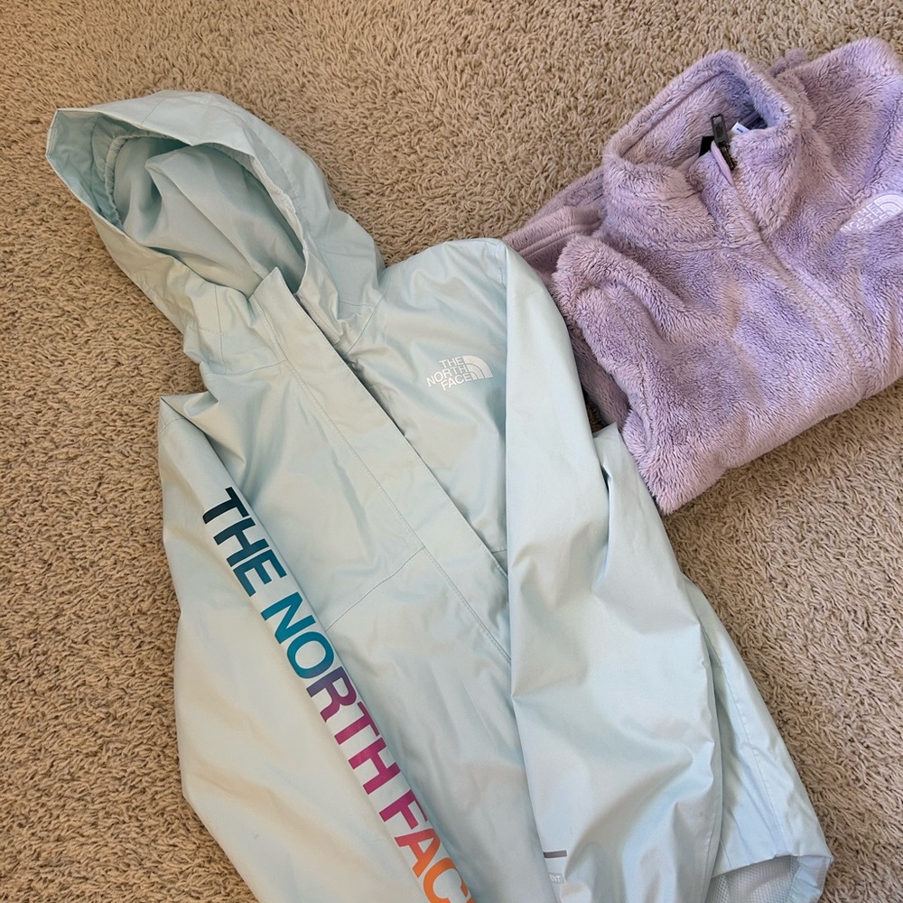 The North Face Kids Raincoat in Light Blue and Purple Fleece Jacket
